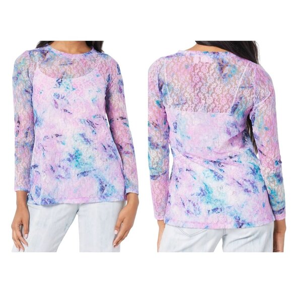 2/$35-Logo Layers By Lori Goldstein Womens Tie Dye Sheer Mesh Lace Knit Top M - Picture 1 of 12